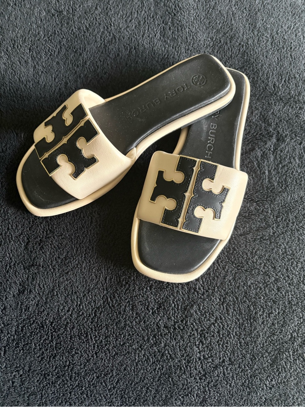 Tory Burch Ines Ivory and Black Logo Slide Mules